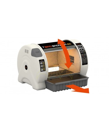Rcom Bird Brooder 60 (Standard): Rotatable sliding door and
drawer-separated tray
