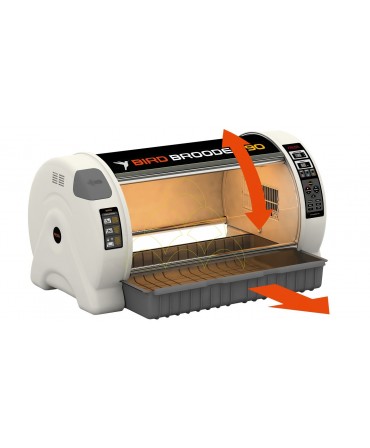 Rcom Bird Brooder 90 Neb (Large): Rotatable sliding door and
drawer-separated tray