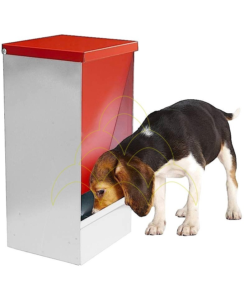 Comedouro para Cães - 8kg / 10L - Com Porta Basculante: Com cão a alimentar-se