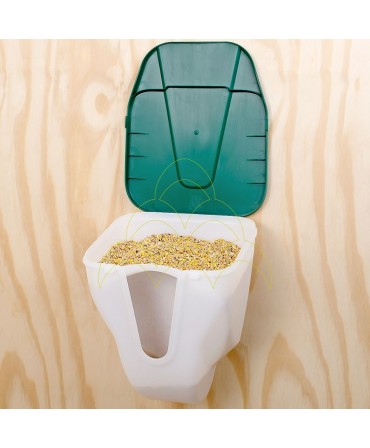 No Waste Poultry Feeder - 2,5kg - Plastic: Mounted on the wall with feed inside and lid open