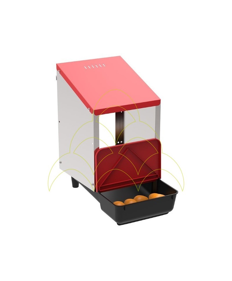 Ninho galvanizado com bandeja em plástico 1 divisória - interior: Depósito com a tampa aberta e com ovos no interior Ninho galvanizado com bandeja em plástico 1 divisória - interior: Depósito com a tampa aberta e com ovos no interior